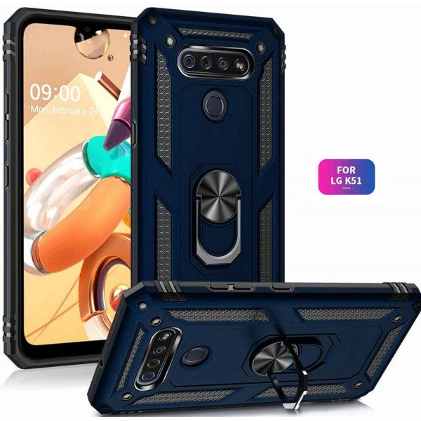 Wholesale LG K51 / Q51 Tech Armor Ring Grip Case with Metal Plate (Navy Blue)